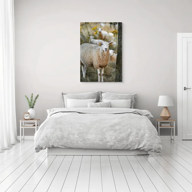 Tablou Canvas, "Oile în lumina apusului de toamnă", Oaie, Pășune, Flori, Copac, Blană, Cercei, Toamnă, Natură, Iarbă, Turmă, 70 x 100 cm – poza 3
