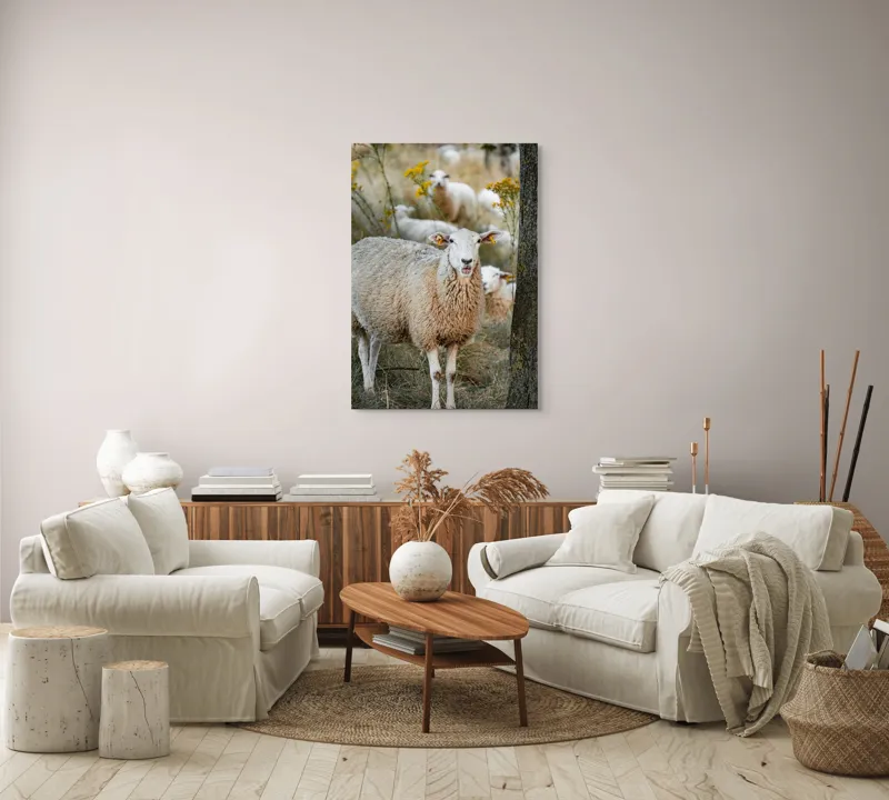 Tablou Canvas, "Oile în lumina apusului de toamnă", Oaie, Pășune, Flori, Copac, Blană, Cercei, Toamnă, Natură, Iarbă, Turmă, 70 x 100 cm – poza 4