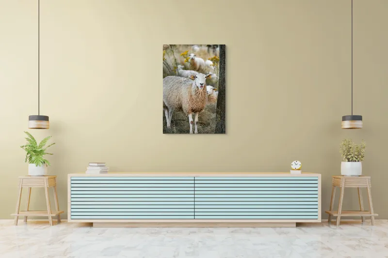 Tablou Canvas, "Oile în lumina apusului de toamnă", Oaie, Pășune, Flori, Copac, Blană, Cercei, Toamnă, Natură, Iarbă, Turmă, 70 x 100 cm – poza 5