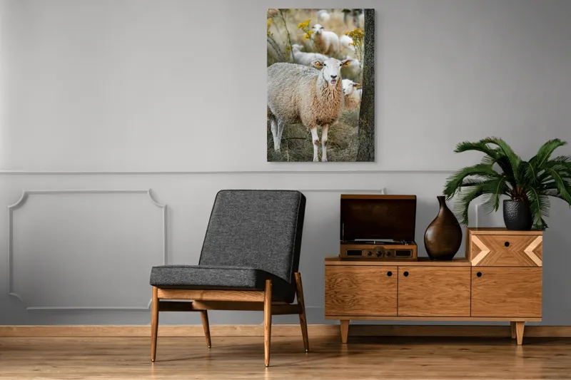 Tablou Canvas, "Oile în lumina apusului de toamnă", Oaie, Pășune, Flori, Copac, Blană, Cercei, Toamnă, Natură, Iarbă, Turmă, 70 x 100 cm – poza 6