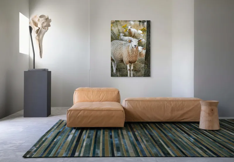 Tablou Canvas, "Oile în lumina apusului de toamnă", Oaie, Pășune, Flori, Copac, Blană, Cercei, Toamnă, Natură, Iarbă, Turmă, 70 x 100 cm – poza 7