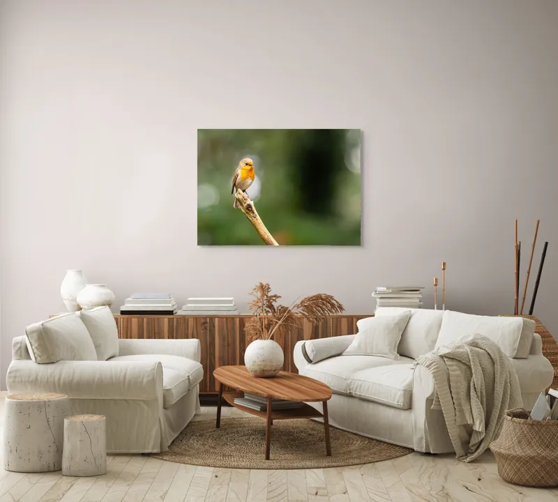 Tablou Canvas, "Mierla cântă pe ramura singuratică", Pasăre, Ramură, Verdeață, Natură, Liniște, Delicatețe, Aripi, Pene, Observație, Echilibru, 100 x 70 cm – poza 3