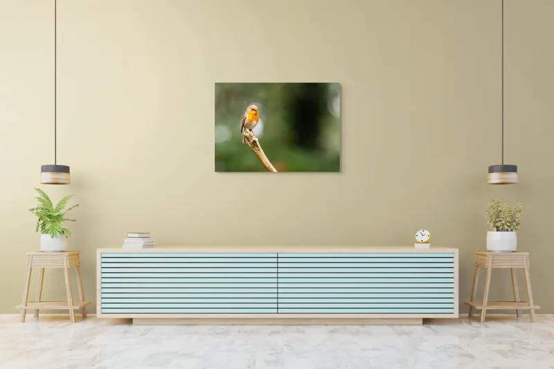 Tablou Canvas, "Mierla cântă pe ramura singuratică", Pasăre, Ramură, Verdeață, Natură, Liniște, Delicatețe, Aripi, Pene, Observație, Echilibru, 100 x 70 cm – poza 4