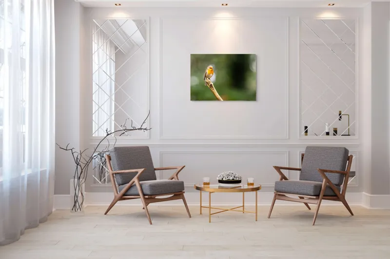 Tablou Canvas, "Mierla cântă pe ramura singuratică", Pasăre, Ramură, Verdeață, Natură, Liniște, Delicatețe, Aripi, Pene, Observație, Echilibru, 100 x 70 cm – poza 5