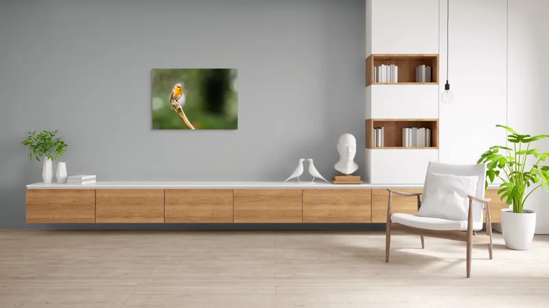 Tablou Canvas, "Mierla cântă pe ramura singuratică", Pasăre, Ramură, Verdeață, Natură, Liniște, Delicatețe, Aripi, Pene, Observație, Echilibru, 100 x 70 cm – poza 6