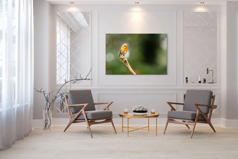 Tablou Canvas, "Mierla cântă pe ramura singuratică", Pasăre, Ramură, Verdeață, Natură, Liniște, Delicatețe, Aripi, Pene, Observație, Echilibru, 150 x 100 cm – poza 7