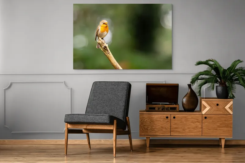 Tablou Canvas, "Mierla cântă pe ramura singuratică", Pasăre, Ramură, Verdeață, Natură, Liniște, Delicatețe, Aripi, Pene, Observație, Echilibru, 150 x 100 cm – poza 8