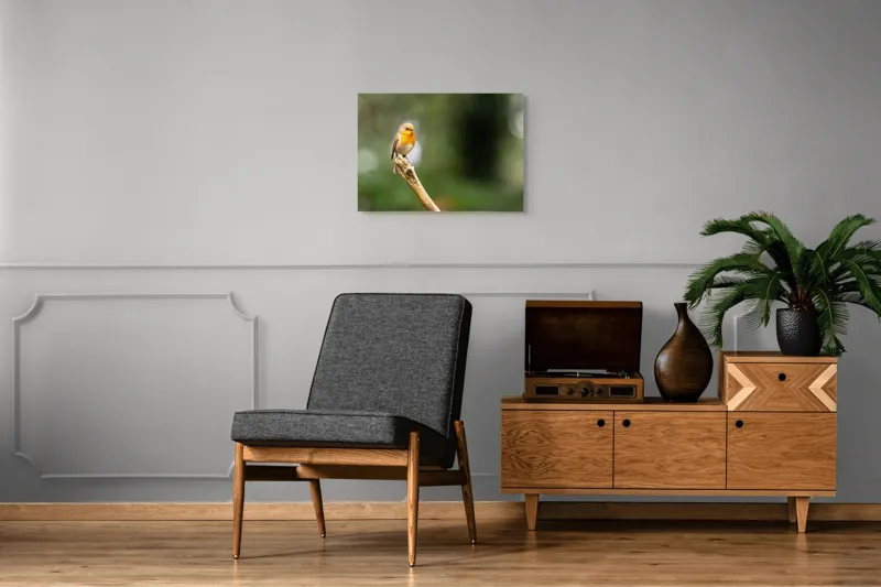 Tablou Canvas, "Mierla cântă pe ramura singuratică", Pasăre, Ramură, Verdeață, Natură, Liniște, Delicatețe, Aripi, Pene, Observație, Echilibru, 70 x 50 cm – poza 4