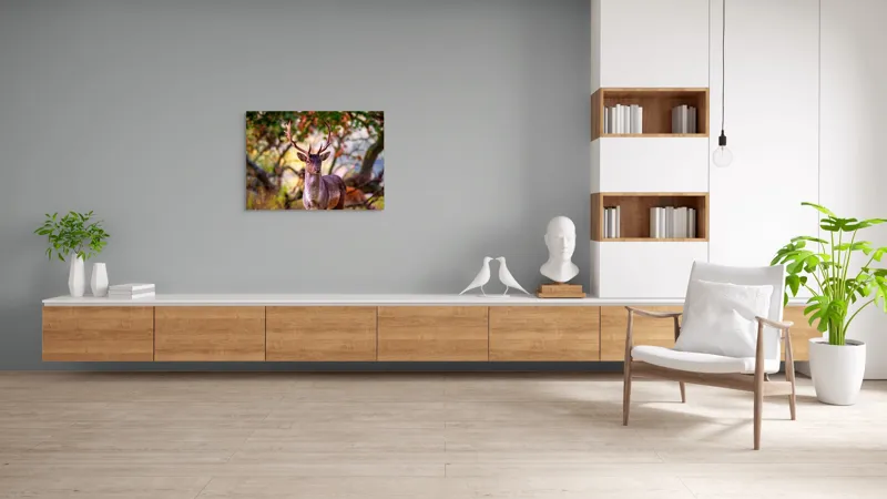 Tablou Canvas, "Cerbul în lumina dimineții de toamnă", Frumusețe, Grație, Natură, Pădure, Toamnă, Cerb, Elegant, Ramuri, Peisaj, Sălbăticie, 100 x 70 cm – poza 6