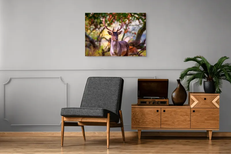Tablou Canvas, "Cerbul în lumina dimineții de toamnă", Frumusețe, Grație, Natură, Pădure, Toamnă, Cerb, Elegant, Ramuri, Peisaj, Sălbăticie, 100 x 70 cm – poza 8