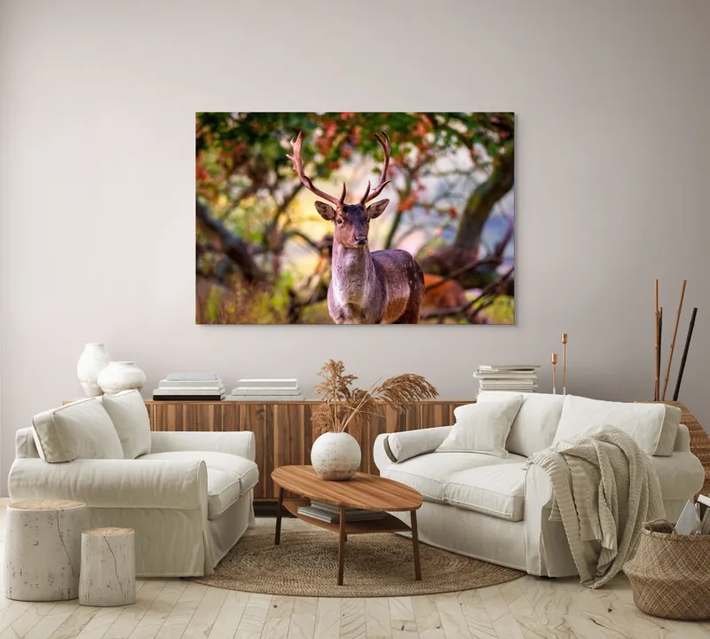Tablou Canvas, "Cerbul în lumina dimineții de toamnă", Frumusețe, Grație, Natură, Pădure, Toamnă, Cerb, Elegant, Ramuri, Peisaj, Sălbăticie, 150 x 100 cm – poza 3