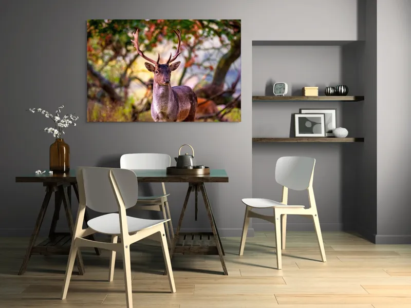 Tablou Canvas, "Cerbul în lumina dimineții de toamnă", Frumusețe, Grație, Natură, Pădure, Toamnă, Cerb, Elegant, Ramuri, Peisaj, Sălbăticie, 150 x 100 cm – poza 5