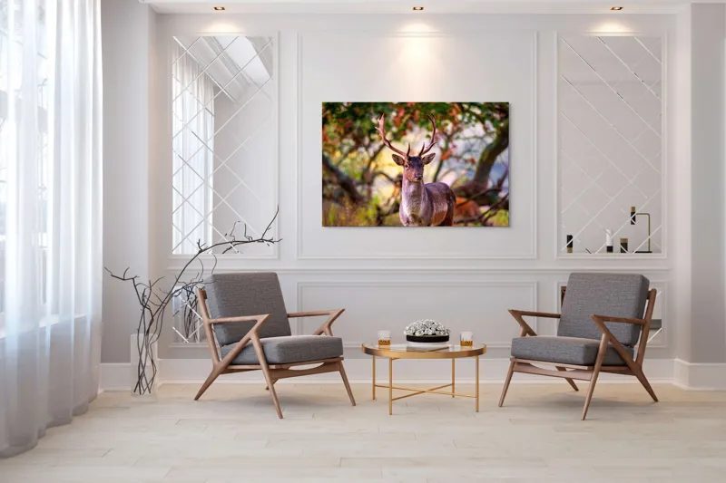 Tablou Canvas, "Cerbul în lumina dimineții de toamnă", Frumusețe, Grație, Natură, Pădure, Toamnă, Cerb, Elegant, Ramuri, Peisaj, Sălbăticie, 150 x 100 cm – poza 7