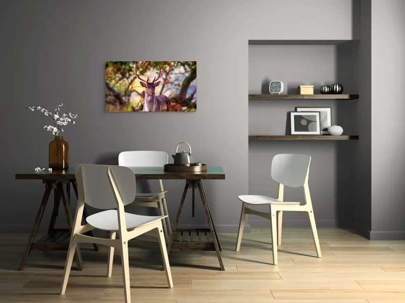 Tablou Canvas, "Cerbul în lumina dimineții de toamnă", Frumusețe, Grație, Natură, Pădure, Toamnă, Cerb, Elegant, Ramuri, Peisaj, Sălbăticie, 90 x 50 cm – poza 3