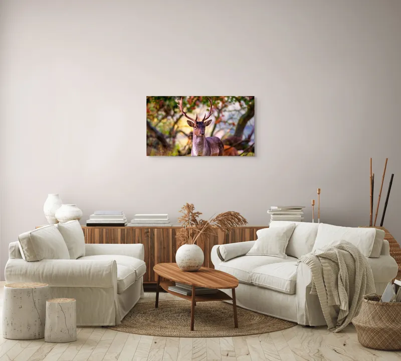 Tablou Canvas, "Cerbul în lumina dimineții de toamnă", Frumusețe, Grație, Natură, Pădure, Toamnă, Cerb, Elegant, Ramuri, Peisaj, Sălbăticie, 90 x 50 cm – poza 4