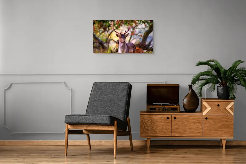 Tablou Canvas, "Cerbul în lumina dimineții de toamnă", Frumusețe, Grație, Natură, Pădure, Toamnă, Cerb, Elegant, Ramuri, Peisaj, Sălbăticie, 90 x 50 cm – poza 6