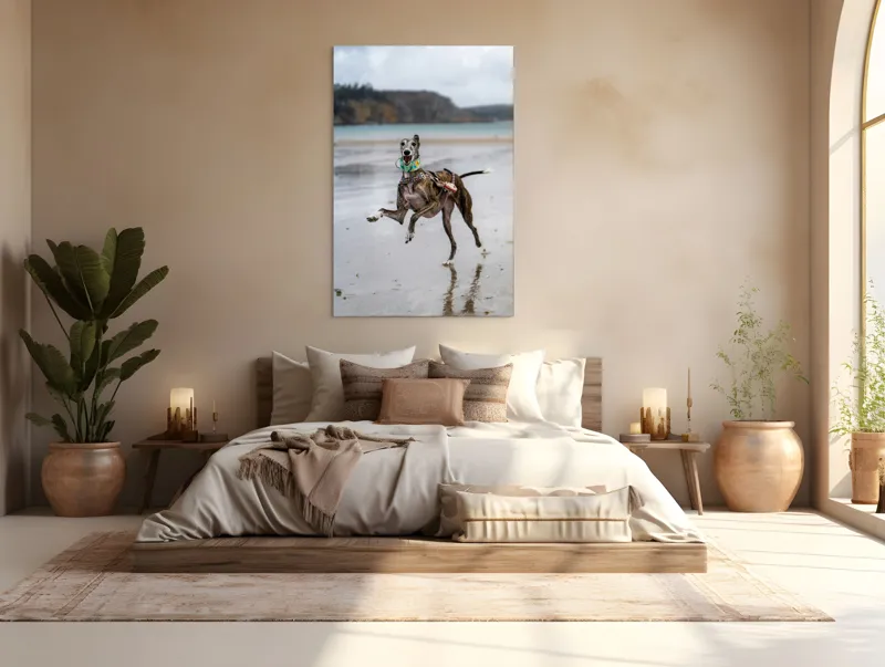 Tablou Canvas, "Câine fericit pe plajă pustie", Sumbru, Spiriduș, Agil, Jucăuș, Viu, Insuflețit, Litoral, Plajă, Săritor, Pata, Libertate, Nebunie, 100 x 150 cm – poza 3