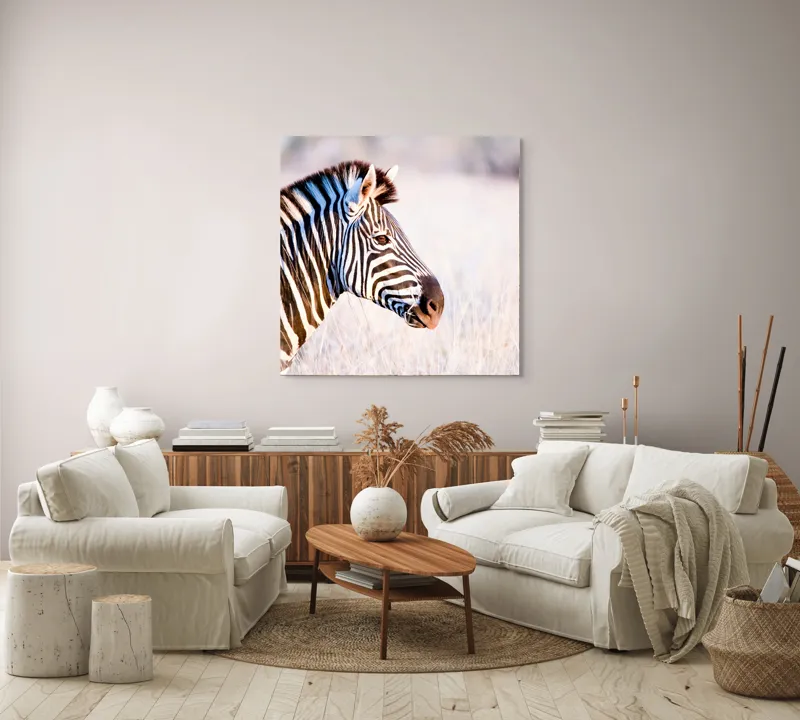 Tablou Canvas, "Zebră în lumina dimineții africane", Zebră, Dungată, Savana, Natură, Frumusețe, Contrast, Patrulape, Sălbatică, Unicitate, Serenitate, 100 x 100 cm – poza 3