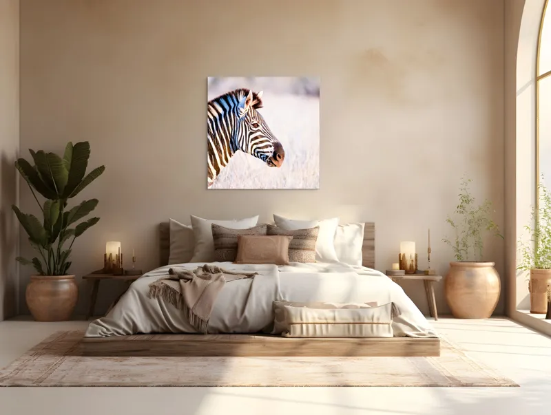 Tablou Canvas, "Zebră în lumina dimineții africane", Zebră, Dungată, Savana, Natură, Frumusețe, Contrast, Patrulape, Sălbatică, Unicitate, Serenitate, 100 x 100 cm – poza 4