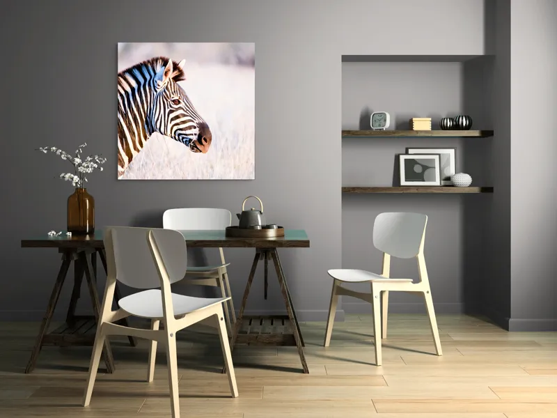 Tablou Canvas, "Zebră în lumina dimineții africane", Zebră, Dungată, Savana, Natură, Frumusețe, Contrast, Patrulape, Sălbatică, Unicitate, Serenitate, 100 x 100 cm – poza 6