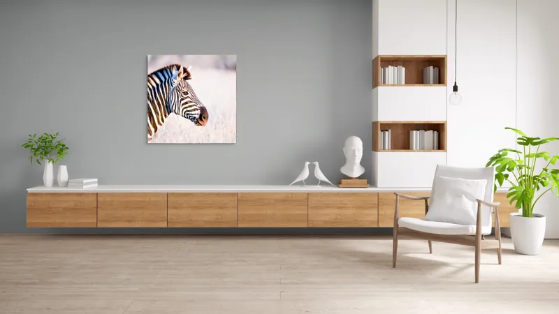 Tablou Canvas, "Zebră în lumina dimineții africane", Zebră, Dungată, Savana, Natură, Frumusețe, Contrast, Patrulape, Sălbatică, Unicitate, Serenitate, 100 x 100 cm – poza 8