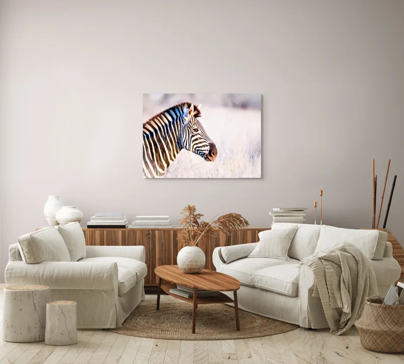 Tablou Canvas, "Zebră în lumina dimineții africane", Zebră, Dungată, Savana, Natură, Frumusețe, Contrast, Patrulape, Sălbatică, Unicitate, Serenitate, 100 x 70 cm – poza 3