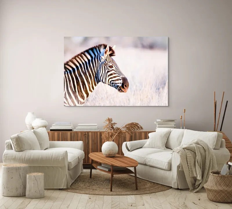 Tablou Canvas, "Zebră în lumina dimineții africane", Zebră, Dungată, Savana, Natură, Frumusețe, Contrast, Patrulape, Sălbatică, Unicitate, Serenitate, 150 x 100 cm – poza 3