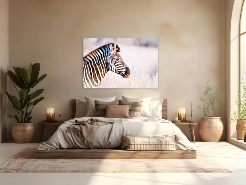 Tablou Canvas, "Zebră în lumina dimineții africane", Zebră, Dungată, Savana, Natură, Frumusețe, Contrast, Patrulape, Sălbatică, Unicitate, Serenitate, 150 x 100 cm – poza 4