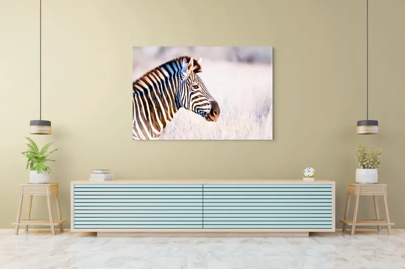 Tablou Canvas, "Zebră în lumina dimineții africane", Zebră, Dungată, Savana, Natură, Frumusețe, Contrast, Patrulape, Sălbatică, Unicitate, Serenitate, 150 x 100 cm – poza 6