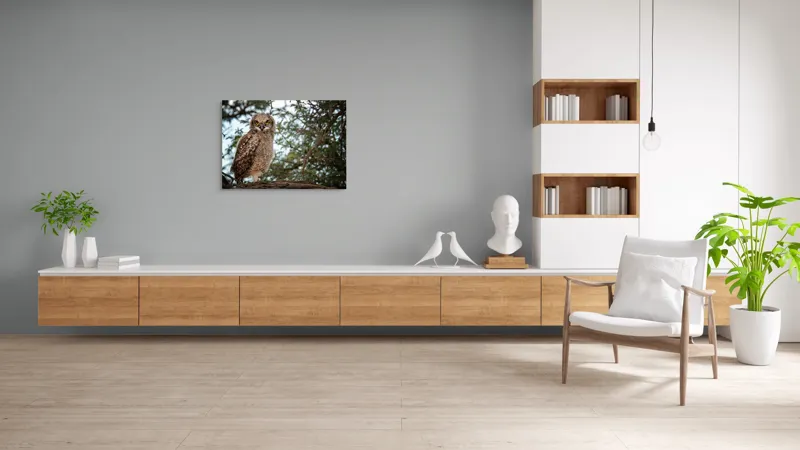 Tablou Canvas, "Pui de bufniță în copac verde", Bufniță, Ramură, Pene, Privire, Natură, Arbori, Ochi, Mister, Timp, Frunziș, 100 x 70 cm – poza 6
