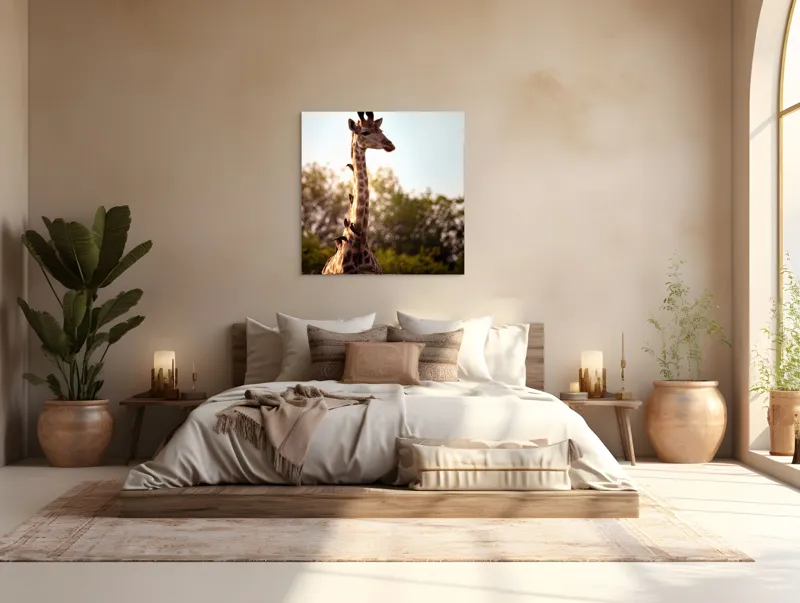 Tablou Canvas, "Girafa între crengi și lumină blândă", Giraffe, Nature, Sunlight, Trees, Wildlife, Birds, 100 x 100 cm – poza 4