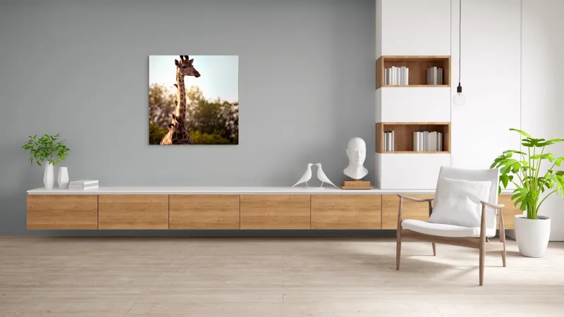 Tablou Canvas, "Girafa între crengi și lumină blândă", Giraffe, Nature, Sunlight, Trees, Wildlife, Birds, 100 x 100 cm – poza 8