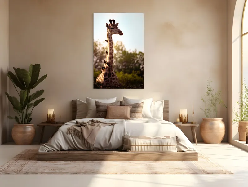 Tablou Canvas, "Girafa între crengi și lumină blândă", Giraffe, Nature, Sunlight, Trees, Wildlife, Birds, 100 x 150 cm – poza 3