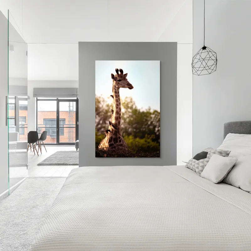 Tablou Canvas, "Girafa între crengi și lumină blândă", Giraffe, Nature, Sunlight, Trees, Wildlife, Birds, 100 x 150 cm – poza 5