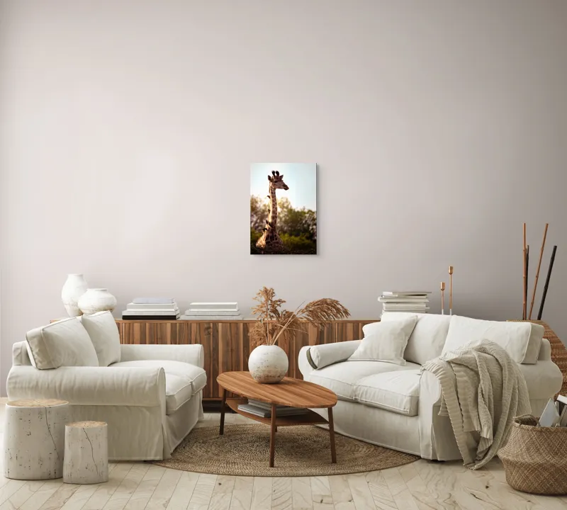Tablou Canvas, "Girafa între crengi și lumină blândă", Giraffe, Nature, Sunlight, Trees, Wildlife, Birds, 39 x 54 cm – poza 5