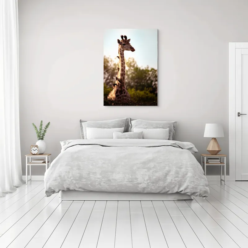 Tablou Canvas, "Girafa între crengi și lumină blândă", Giraffe, Nature, Sunlight, Trees, Wildlife, Birds, 70 x 100 cm – poza 3