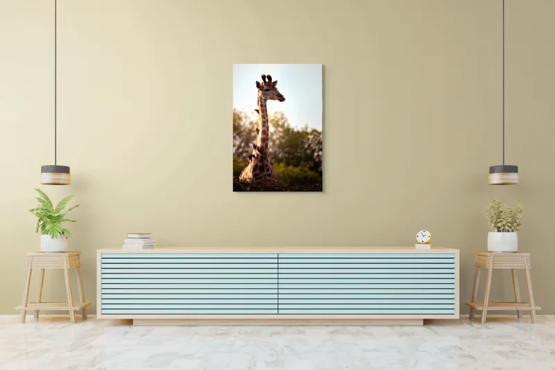 Tablou Canvas, "Girafa între crengi și lumină blândă", Giraffe, Nature, Sunlight, Trees, Wildlife, Birds, 70 x 100 cm – poza 5