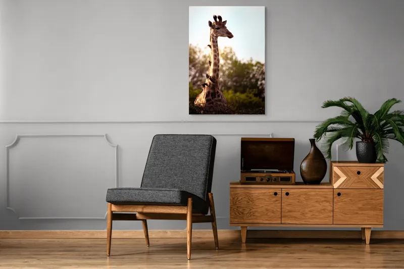 Tablou Canvas, "Girafa între crengi și lumină blândă", Giraffe, Nature, Sunlight, Trees, Wildlife, Birds, 70 x 100 cm – poza 6