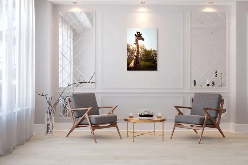 Tablou Canvas, "Girafa între crengi și lumină blândă", Giraffe, Nature, Sunlight, Trees, Wildlife, Birds, 70 x 100 cm – poza 8