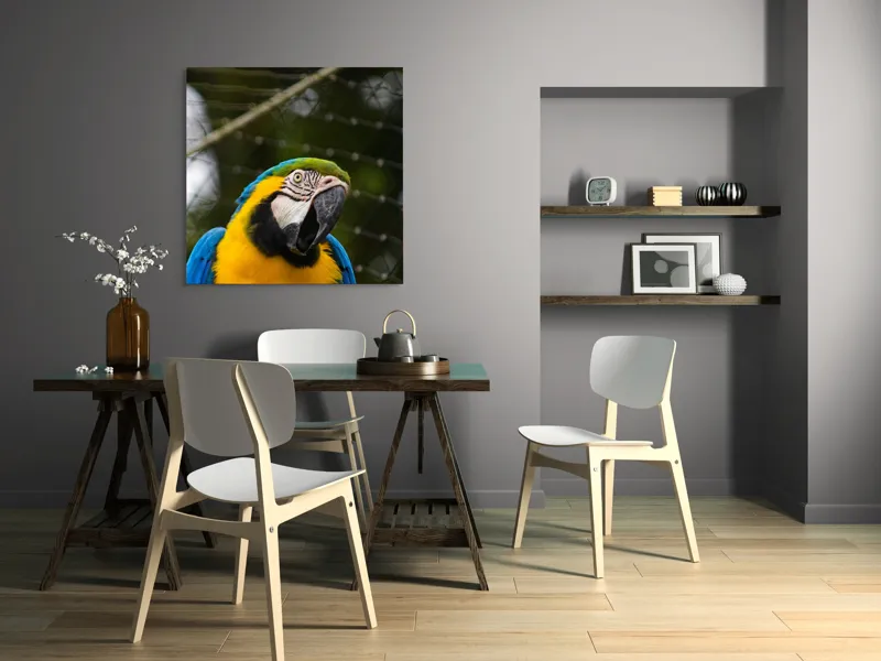 Tablou Canvas, "Papagalul curcubeu în libertate zburdalnică", Pasăre, Colorată, Papagal, Ara, Plasă, Fundal, Verde, Albastru, Galben, Privire, Pene, 100 x 100 cm – poza 6