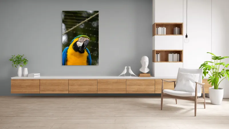 Tablou Canvas, "Papagalul curcubeu în libertate zburdalnică", Pasăre, Colorată, Papagal, Ara, Plasă, Fundal, Verde, Albastru, Galben, Privire, Pene, 100 x 150 cm – poza 8