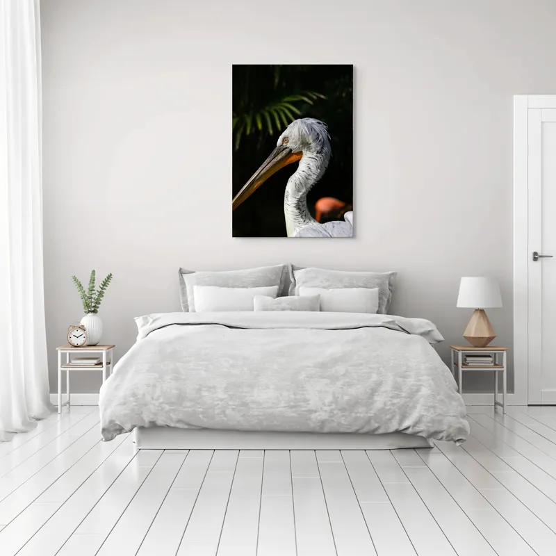 Tablou Canvas, "Pelică alb în lumina dimineții", Pasăre, Pelican, Alb, Cioc, Lung, Pene, Textură, Ochii, Contrast, Vegetație, 70 x 100 cm – poza 3