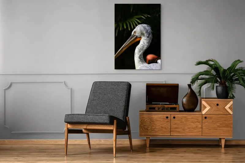 Tablou Canvas, "Pelică alb în lumina dimineții", Pasăre, Pelican, Alb, Cioc, Lung, Pene, Textură, Ochii, Contrast, Vegetație, 70 x 100 cm – poza 6