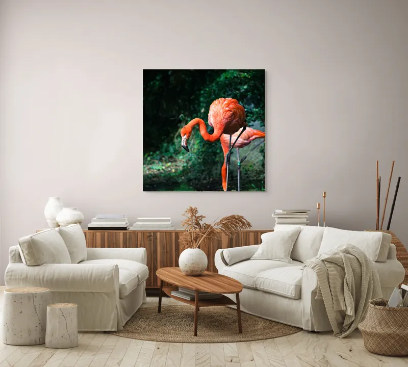 Tablou Canvas, "Flamingo în lumina dimineții răcoroase", Flamingo, Eleganță, Frumusețe, Natură, Roz, Verdeață, Grație, Reflecție, 100 x 100 cm – poza 3