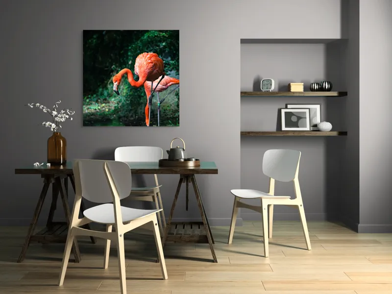 Tablou Canvas, "Flamingo în lumina dimineții răcoroase", Flamingo, Eleganță, Frumusețe, Natură, Roz, Verdeață, Grație, Reflecție, 100 x 100 cm – poza 6