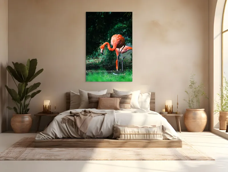 Tablou Canvas, "Flamingo în lumina dimineții răcoroase", Flamingo, Eleganță, Frumusețe, Natură, Roz, Verdeață, Grație, Reflecție, 100 x 150 cm – poza 3
