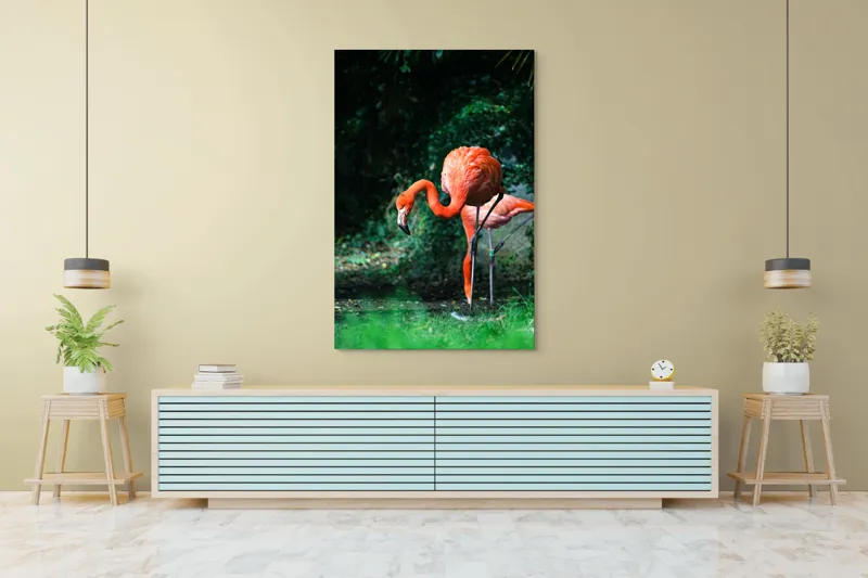 Tablou Canvas, "Flamingo în lumina dimineții răcoroase", Flamingo, Eleganță, Frumusețe, Natură, Roz, Verdeață, Grație, Reflecție, 100 x 150 cm – poza 4