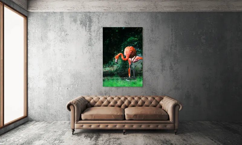Tablou Canvas, "Flamingo în lumina dimineții răcoroase", Flamingo, Eleganță, Frumusețe, Natură, Roz, Verdeață, Grație, Reflecție, 100 x 150 cm – poza 6