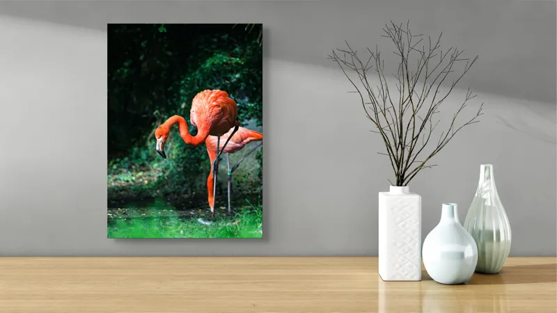 Tablou Canvas, "Flamingo în lumina dimineții răcoroase", Flamingo, Eleganță, Frumusețe, Natură, Roz, Verdeață, Grație, Reflecție, 39 x 54 cm – poza 4