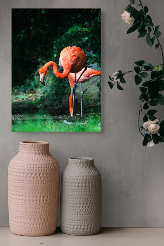 Tablou Canvas, "Flamingo în lumina dimineții răcoroase", Flamingo, Eleganță, Frumusețe, Natură, Roz, Verdeață, Grație, Reflecție, 39 x 54 cm – poza 6
